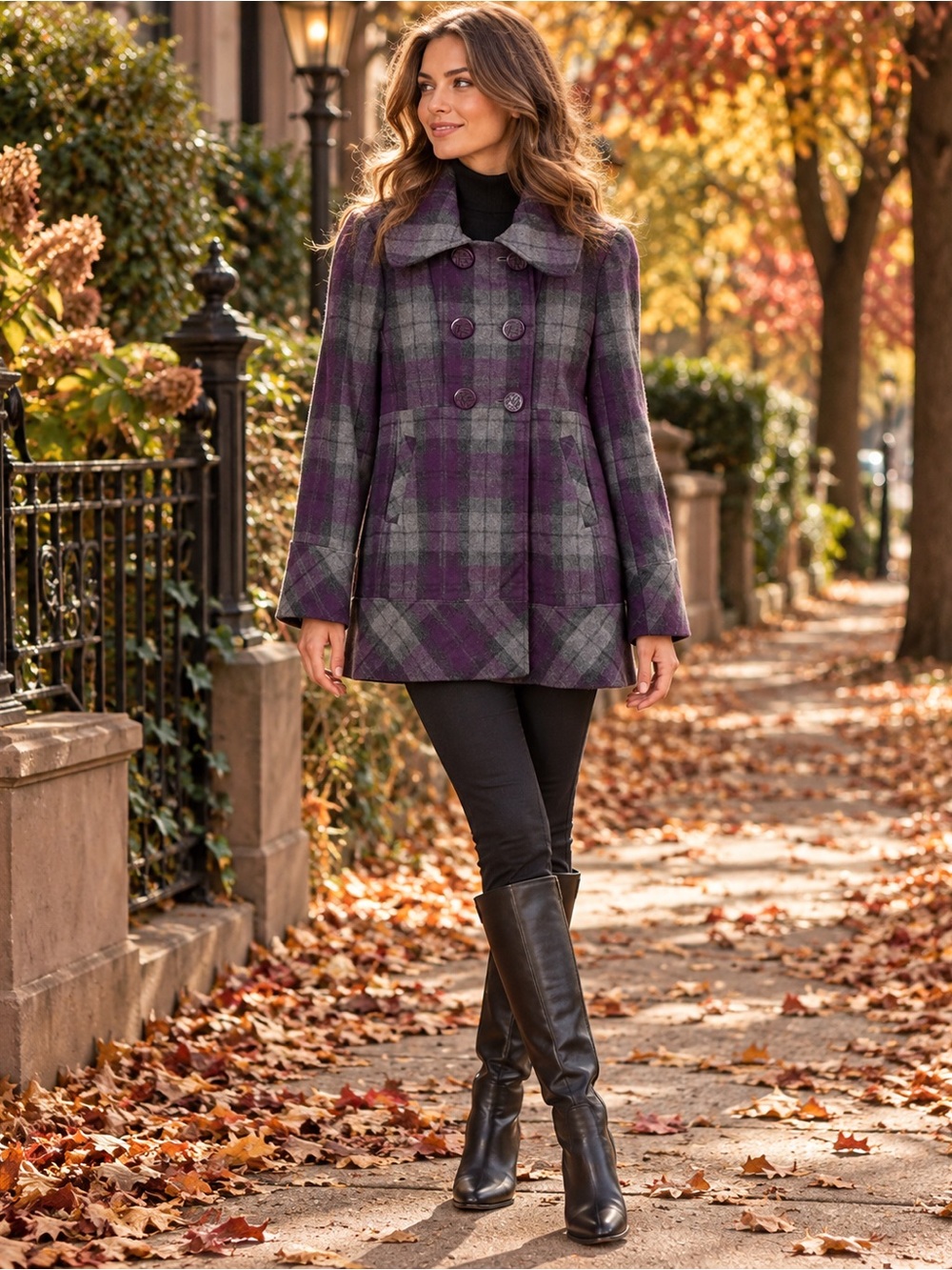 Guess Women’s Medium Purple Gray Plaid Wool Blend Double Breasted Coat
